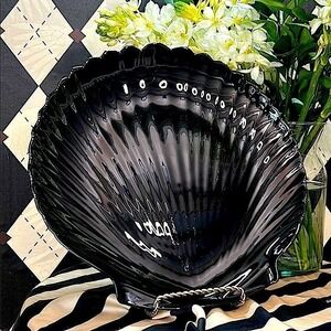 Vintage French Oyster Shaped Coquillage Black Glass Serving Platter Arcoroc 13"